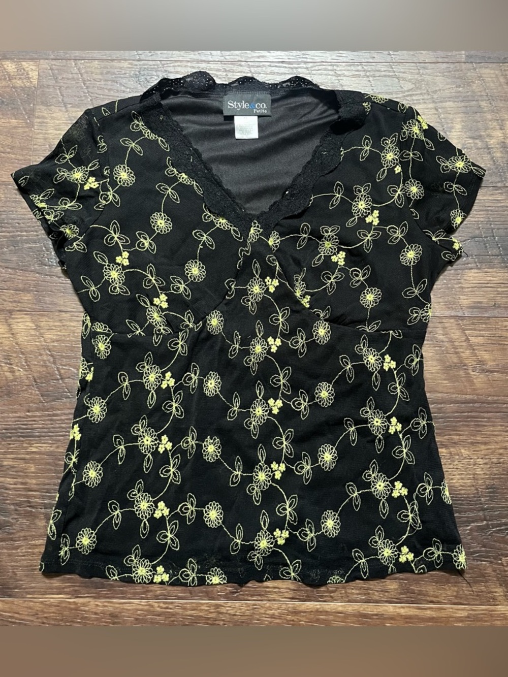 Vintage style &co Y2K goth grunge floral black yellow mesh babydoll top shirt M